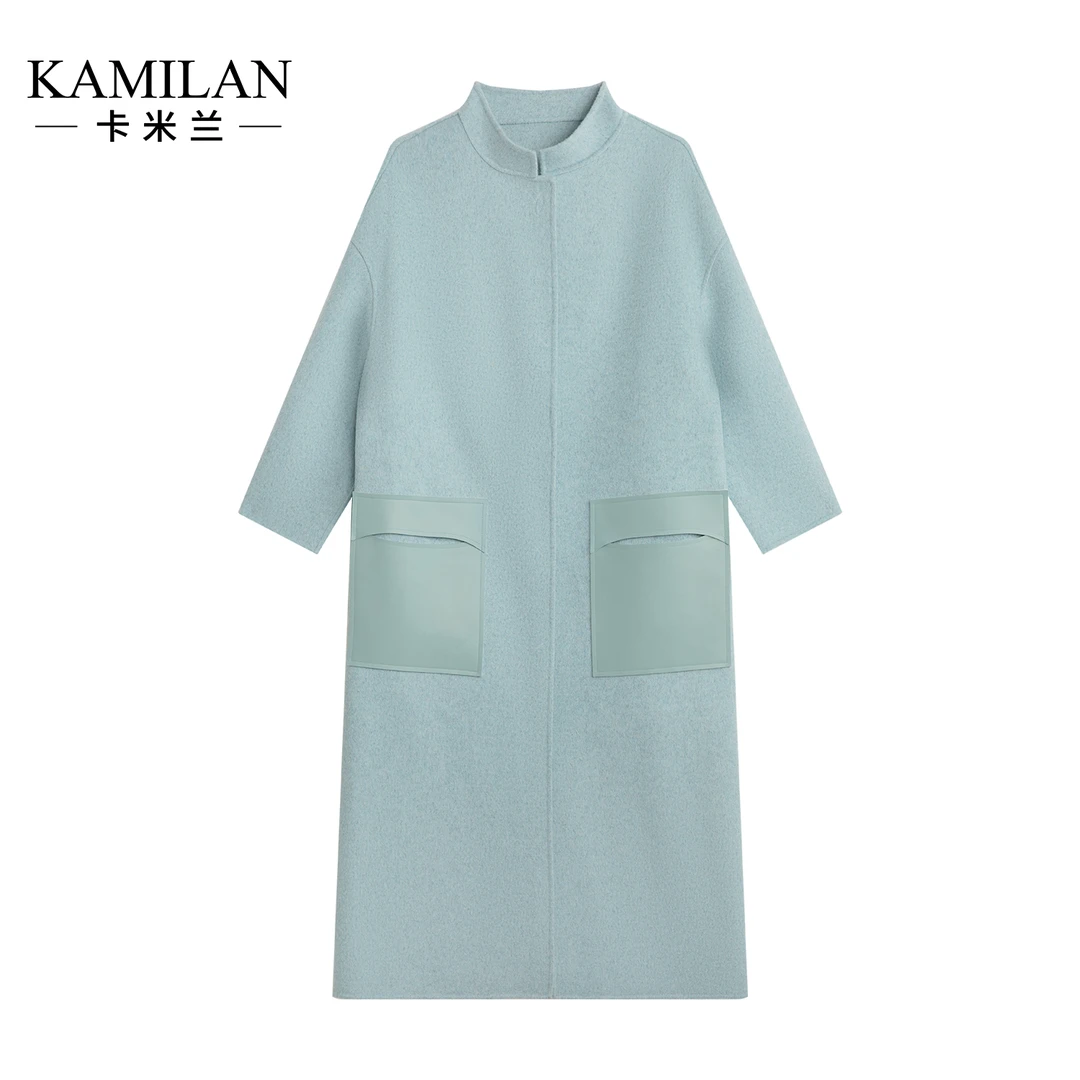 卡米兰美拉德羊毛大衣女2023秋新款中长款绵羊皮拼接呢子大衣外套
