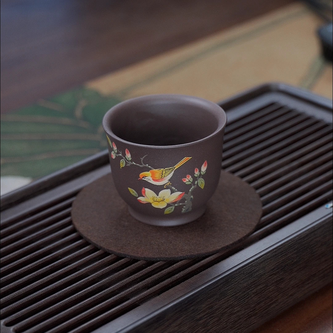5020宜兴原矿紫砂天青手工堆绘喜上眉梢主人杯铃铛杯YST140ml左右