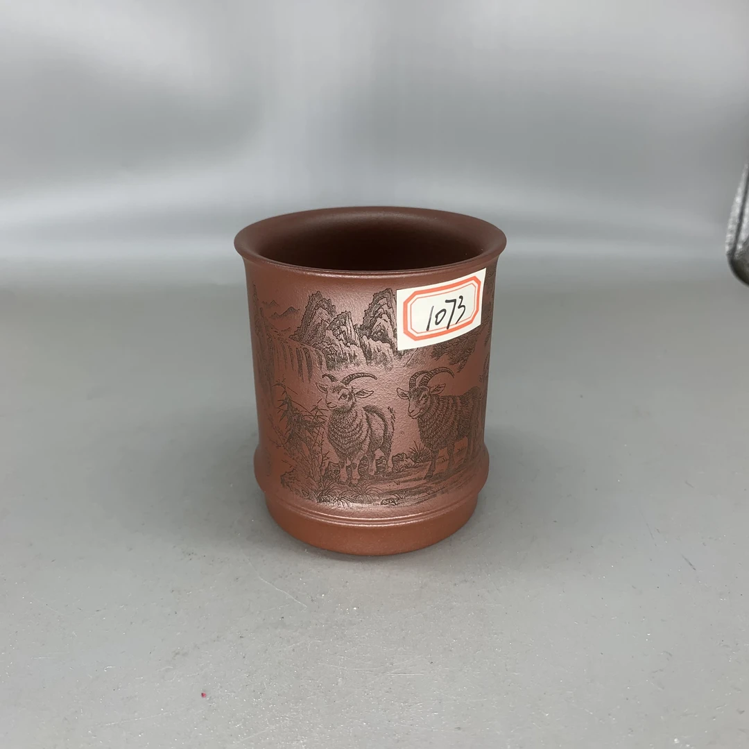 1073原矿紫砂底槽清刻绘三羊开泰主人杯160CCYMJ