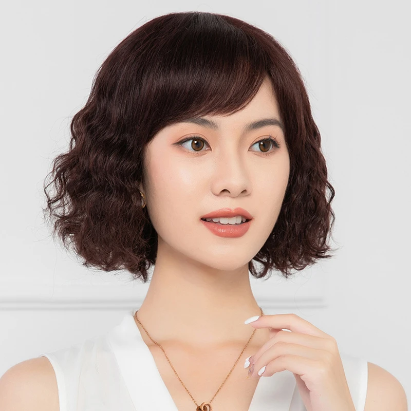 纹理女头皮蓬松逼真妈妈发型卷发全真发头套全手织真人发丝假发套