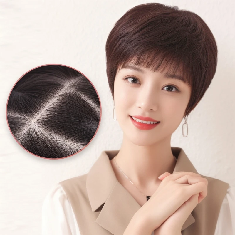 新款高端全真发丝短发时尚妈妈隐形轻薄透气假发头套女