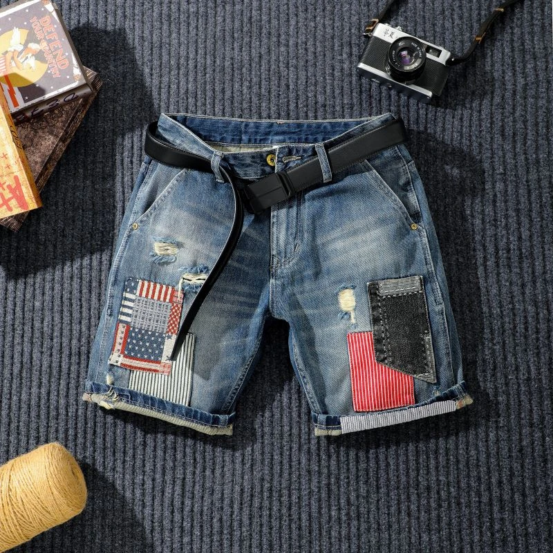 2025夏季新款男牛仔短裤潮流修身休闲男士五分裤刺绣拼接个性潮牌