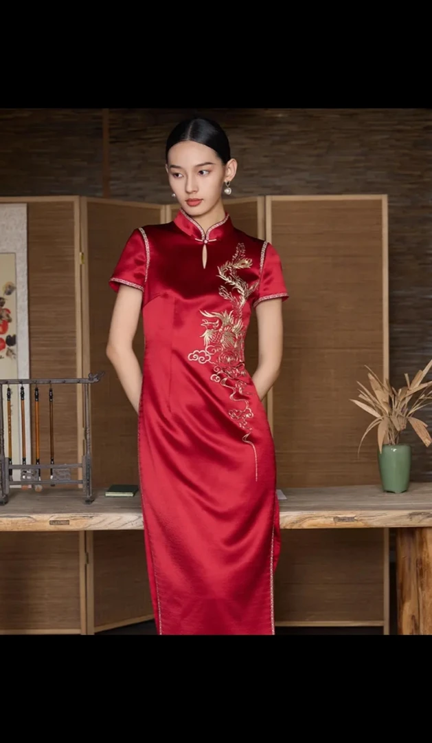 170033两侧开叉短袖旗袍领设计高端品质端庄优雅气质高贵修身