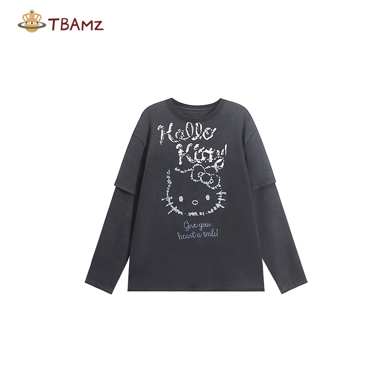 TBAMZ 美式复古Kitty炒雪花假两件长袖 7824T1019