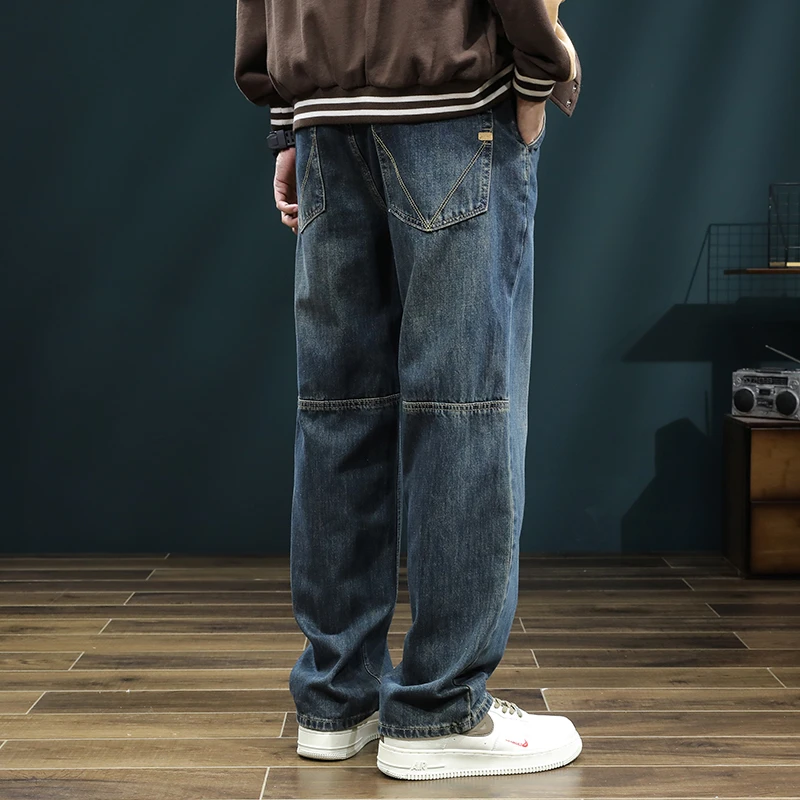 Kuvine秋冬加绒百搭拼接宽松直筒牛仔裤男士春秋美式复古休闲裤子
