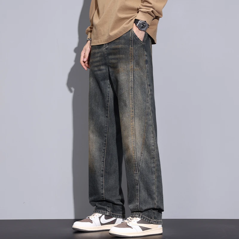 Kuvine秋冬复古拼接百搭宽松直筒牛仔裤男士秋季美式阔腿长裤子男