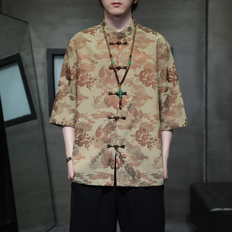 新中式潮牌唐装中国风龙纹印花茶服衬衫大码宽松五分半袖衬衣外套