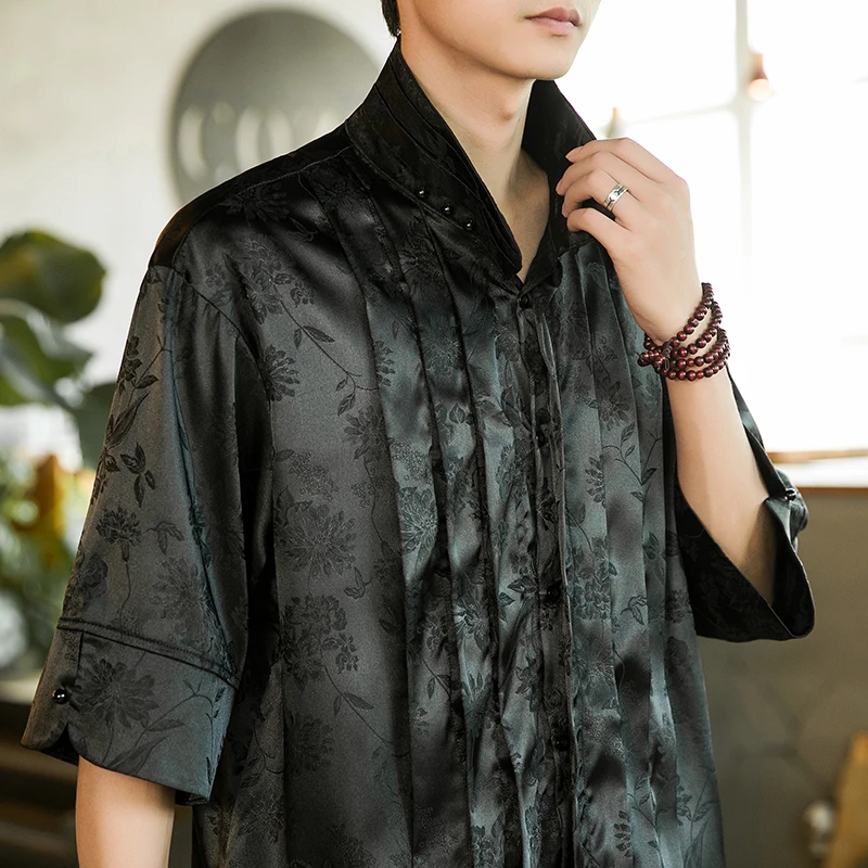 新中式唐装高级感绸缎衬衫男夏季中国风冰丝短袖衬衣宽松汉服外套
