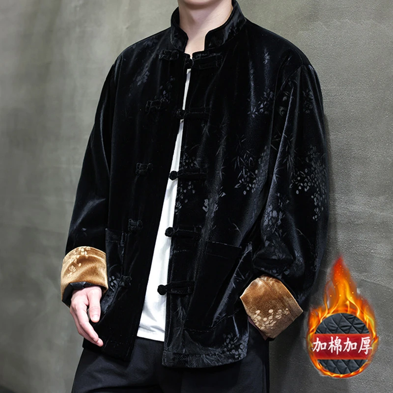 新中式唐装棉衣男冬季中国风提花金丝绒棉服外套大码夹棉加厚茶服