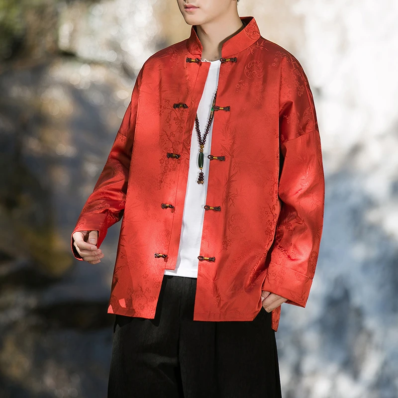 中国风红色唐装高级感缎面提花立领茶服外套复古男款居士汉服夹克