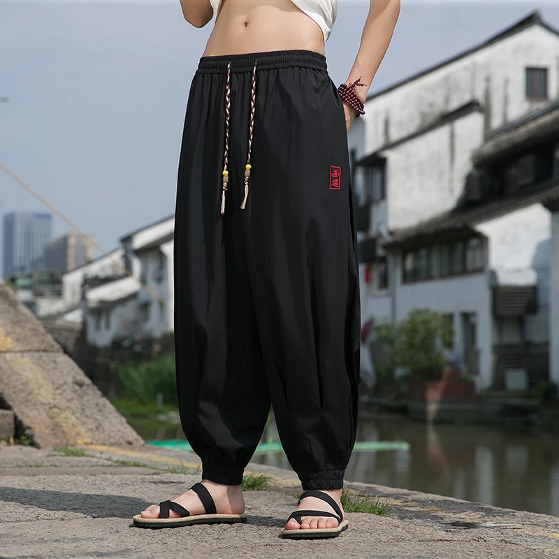 冰丝裤子男夏季薄款宽松速干束脚运动裤新中式刺绣潮牌大码哈伦裤