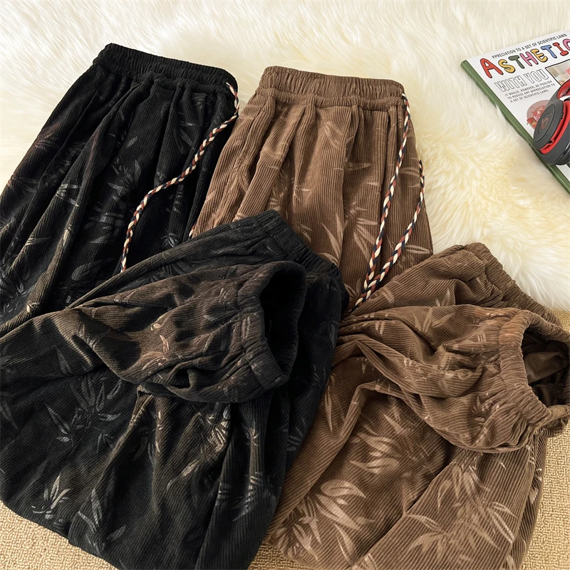 灯芯绒休闲裤男春秋季潮牌宽松重磅运动卫裤国潮提花大码胖子长裤