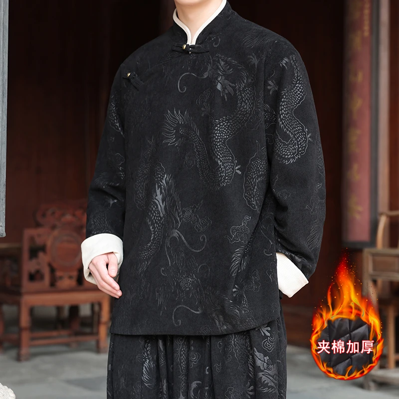 新中式国风斜襟汉服外套男士高级感灯芯绒棉衣冬季加厚保暖棉袄子