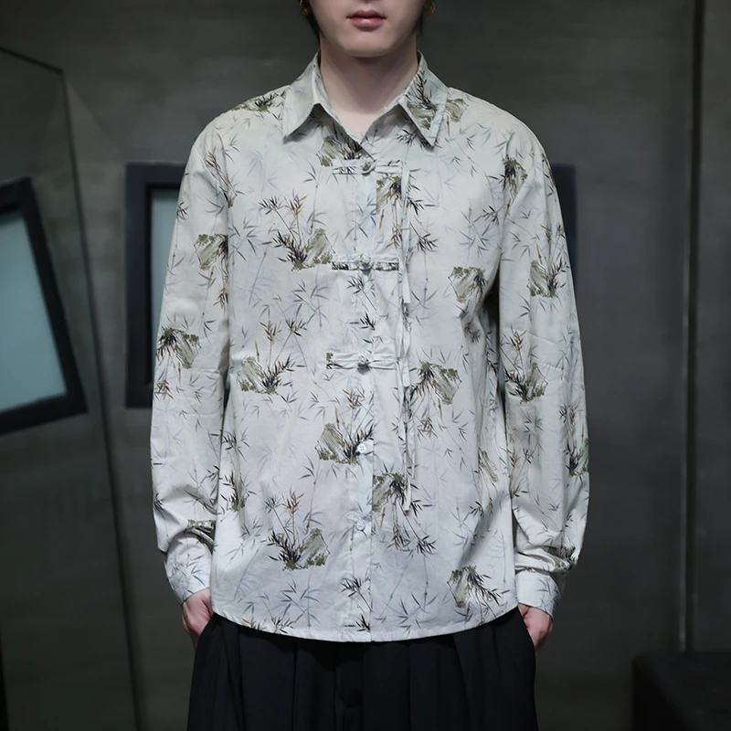 中国风印花汉服外套男士初秋薄款翻领长袖衬衫新中式盘扣休闲衬衣