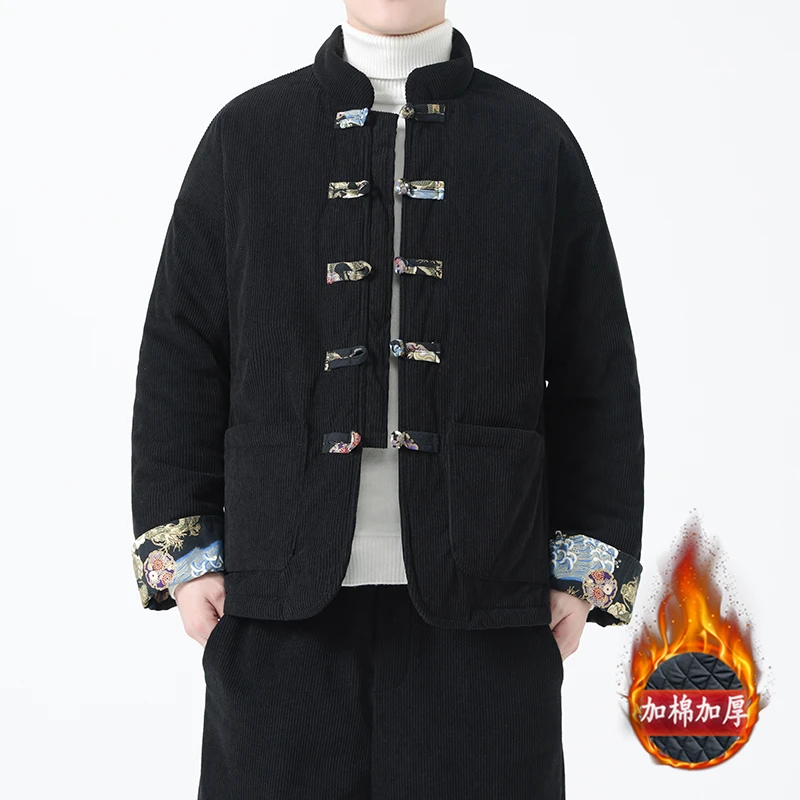 中国风复古唐装男印花盘扣棉服新中式汉服大码潮牌灯芯绒棉袄外套