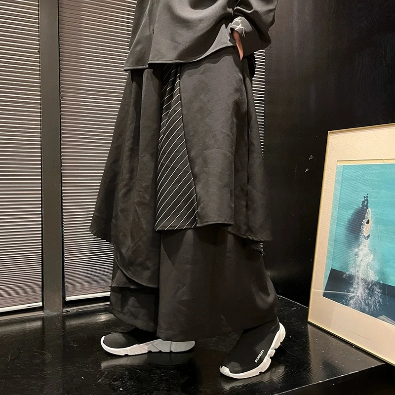小众设计感条纹拼接阔腿裤男款秋季新中式暗黑系痞帅黑武士裙裤潮