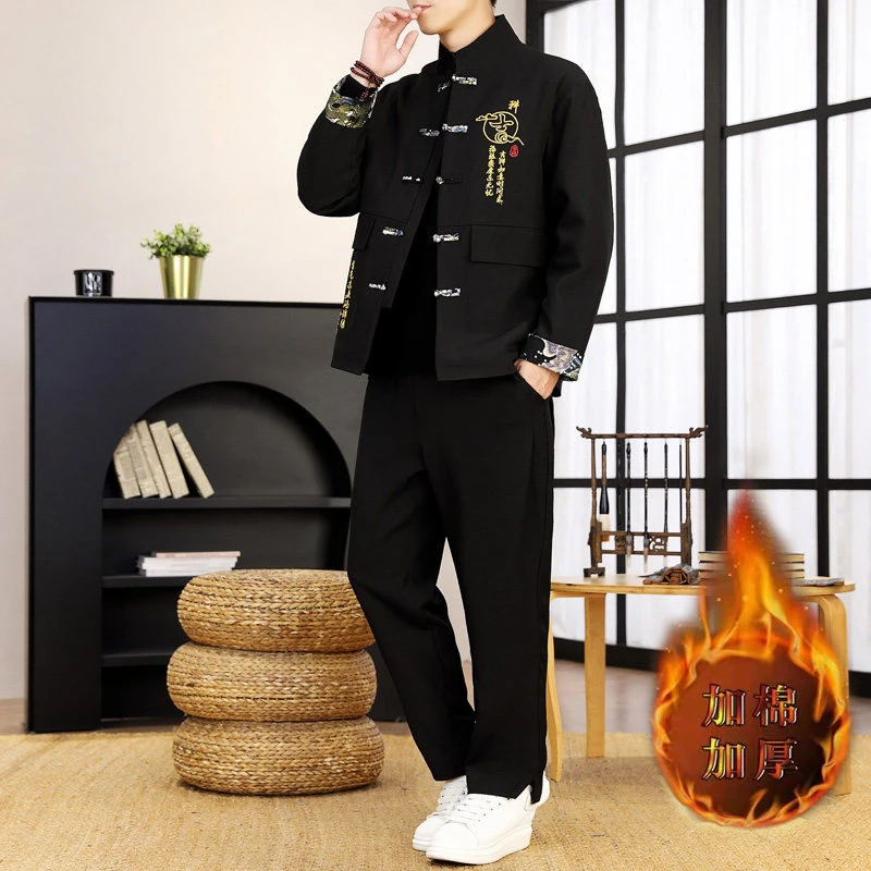 加棉加厚中山装套装男士秋冬季中国风刺绣居士服唐装大码盘扣棉服