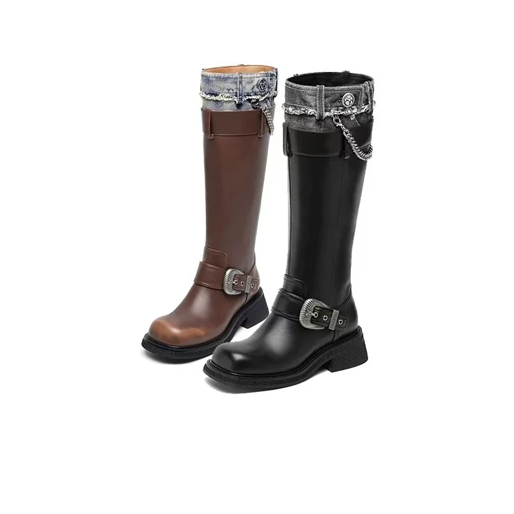 赵昭仪同款|SugarSu酥履 秋冬款拼色复古长靴棕色女