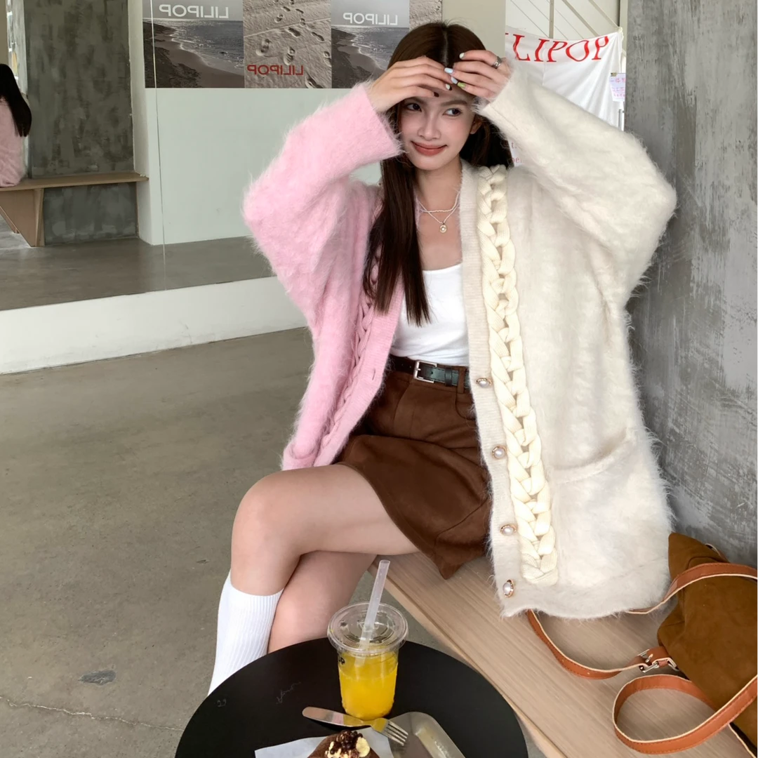 Mto Quinn冬上新粉白拼接针织开衫 -1599