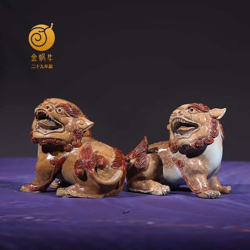 金蜗牛金蜗牛8#对狮彩铜铜器居家玄关办公室书房摆件礼品铜工艺品