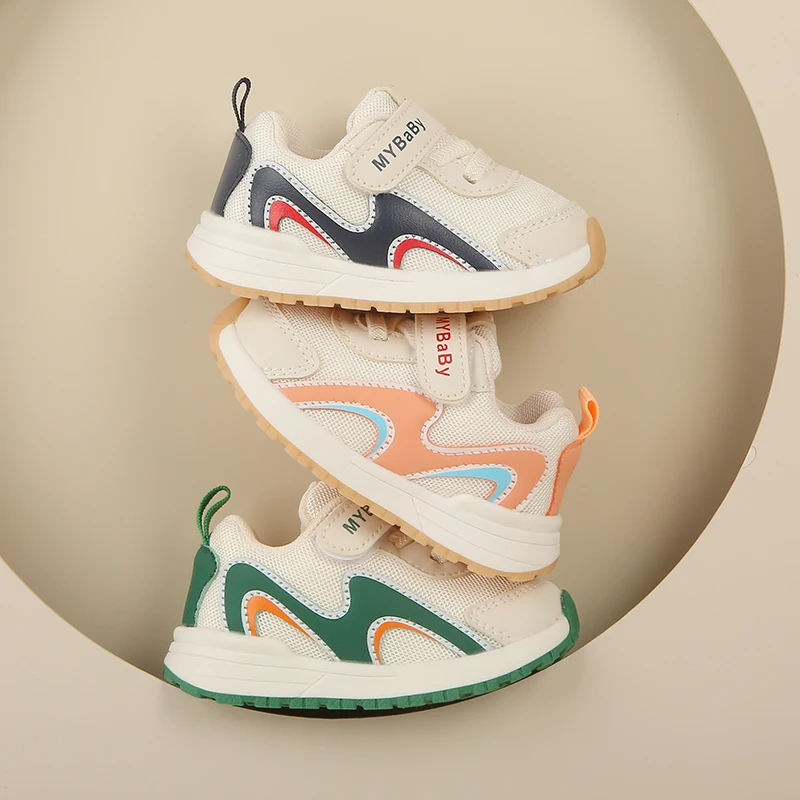 波浪条纹休闲运动风魔术贴女童小白鞋男童软底防滑机能鞋 高能感