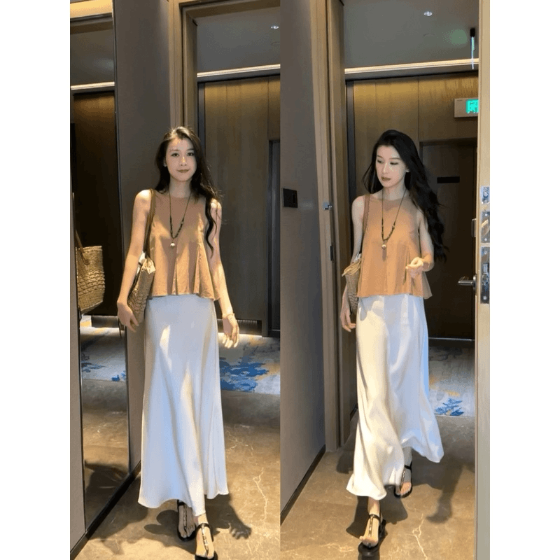 2024夏季新款温柔风褶皱收腰无袖背心上衣气质高腰缎面半身中长裙