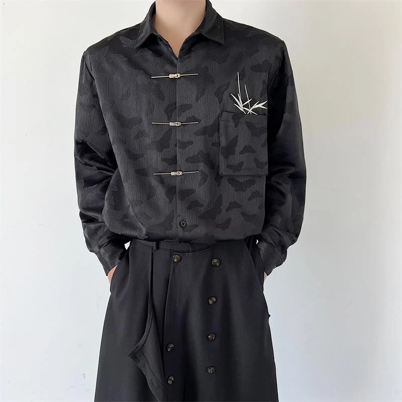 新中式国潮金属盘扣复古长袖衬衫秋季小众竹子刺绣上衣外套发型师