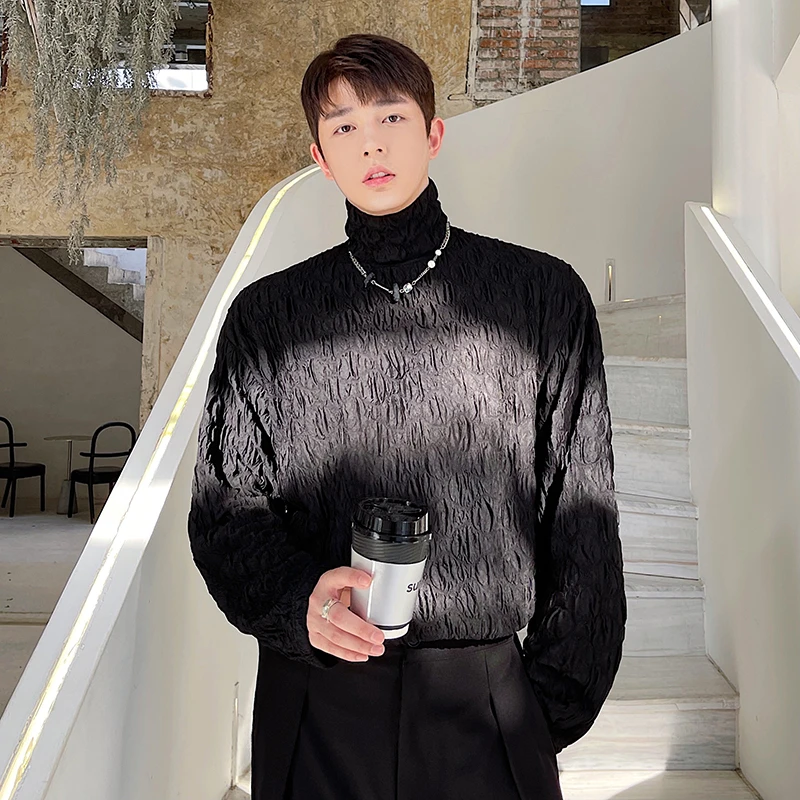 长袖T恤男秋季韩版气质压皱半高领复古气泡针织打底内搭上衣小众