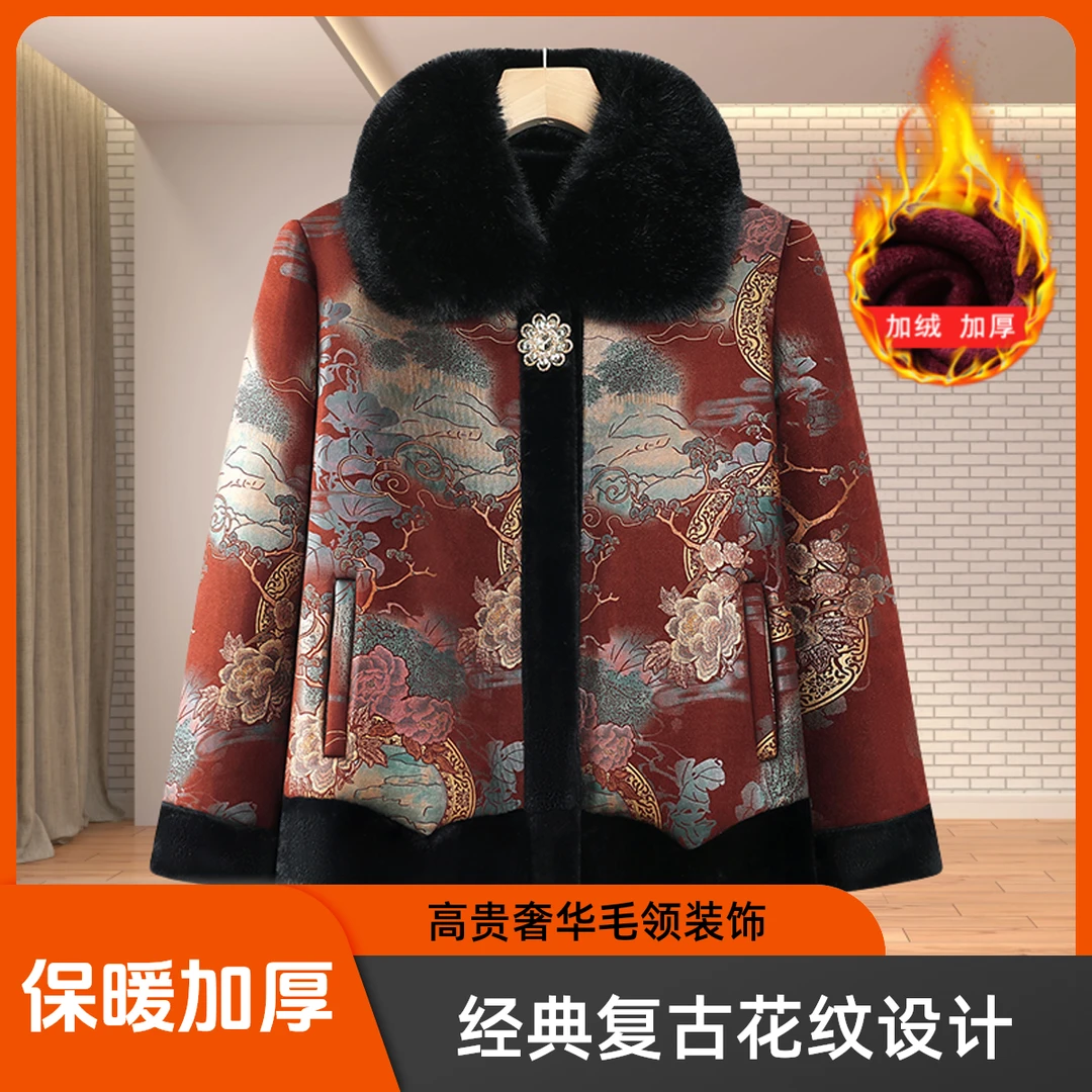 妈妈冬季2024年新款外套中老年人加绒加厚休闲保暖毛领御寒上衣女