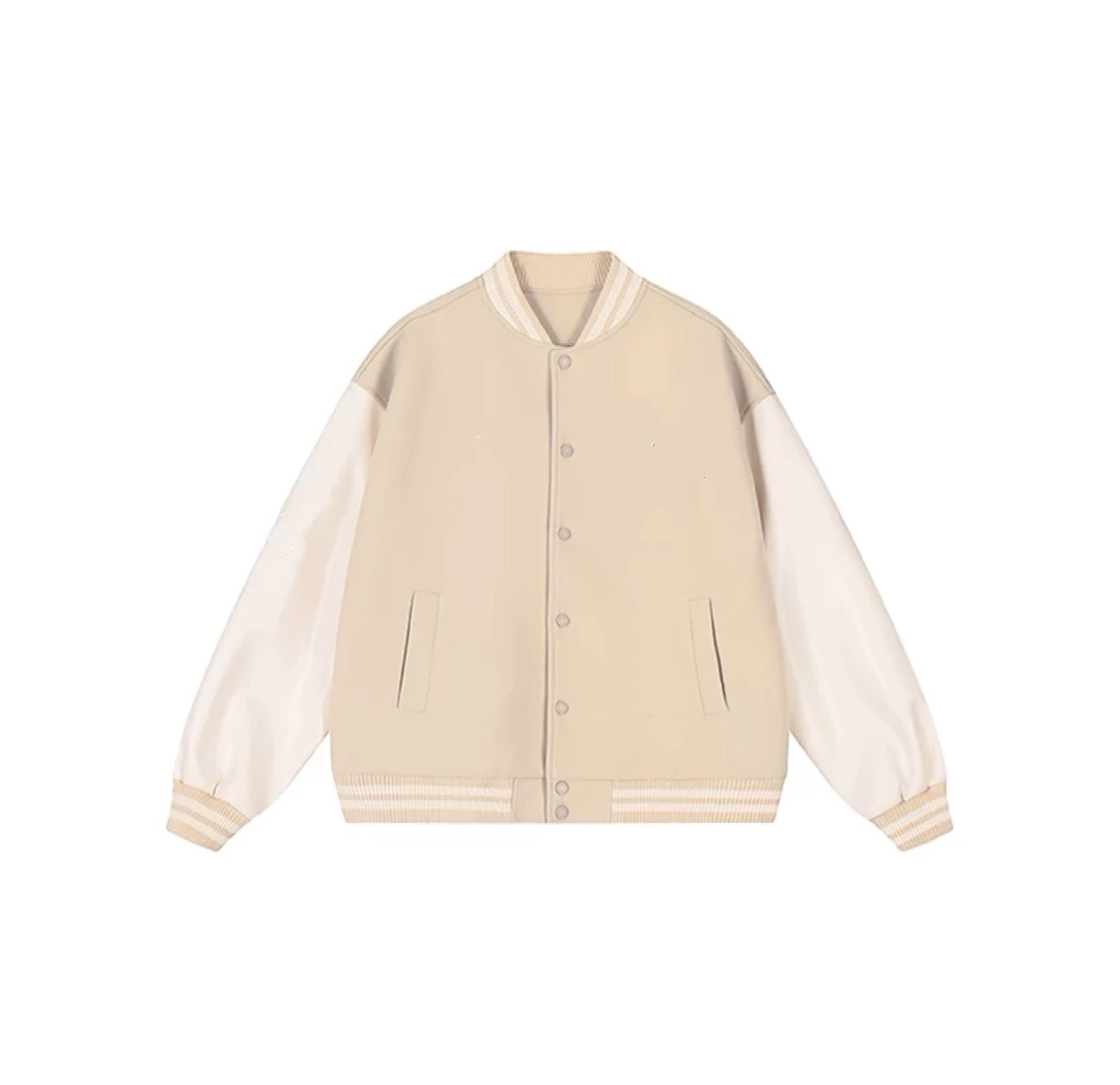 重磅美式绣植绒夹克杏色单排扣棒球服男女潮