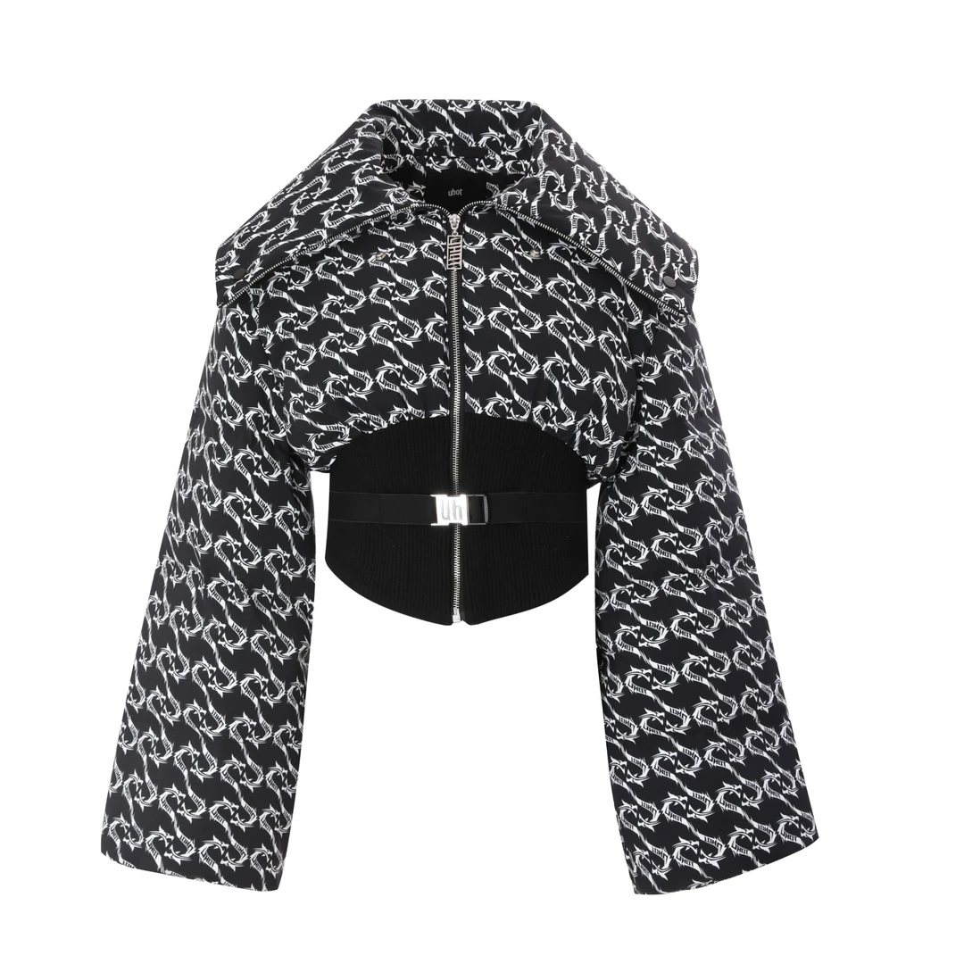 AUUUU/UHOT 女士黑色气质短款拼接时尚休闲收腰短外套 UWSW6W330