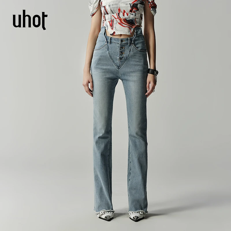 Auuuu/uhot春夏高腰蓝色修身微喇牛仔长裤UWSRC4K057
