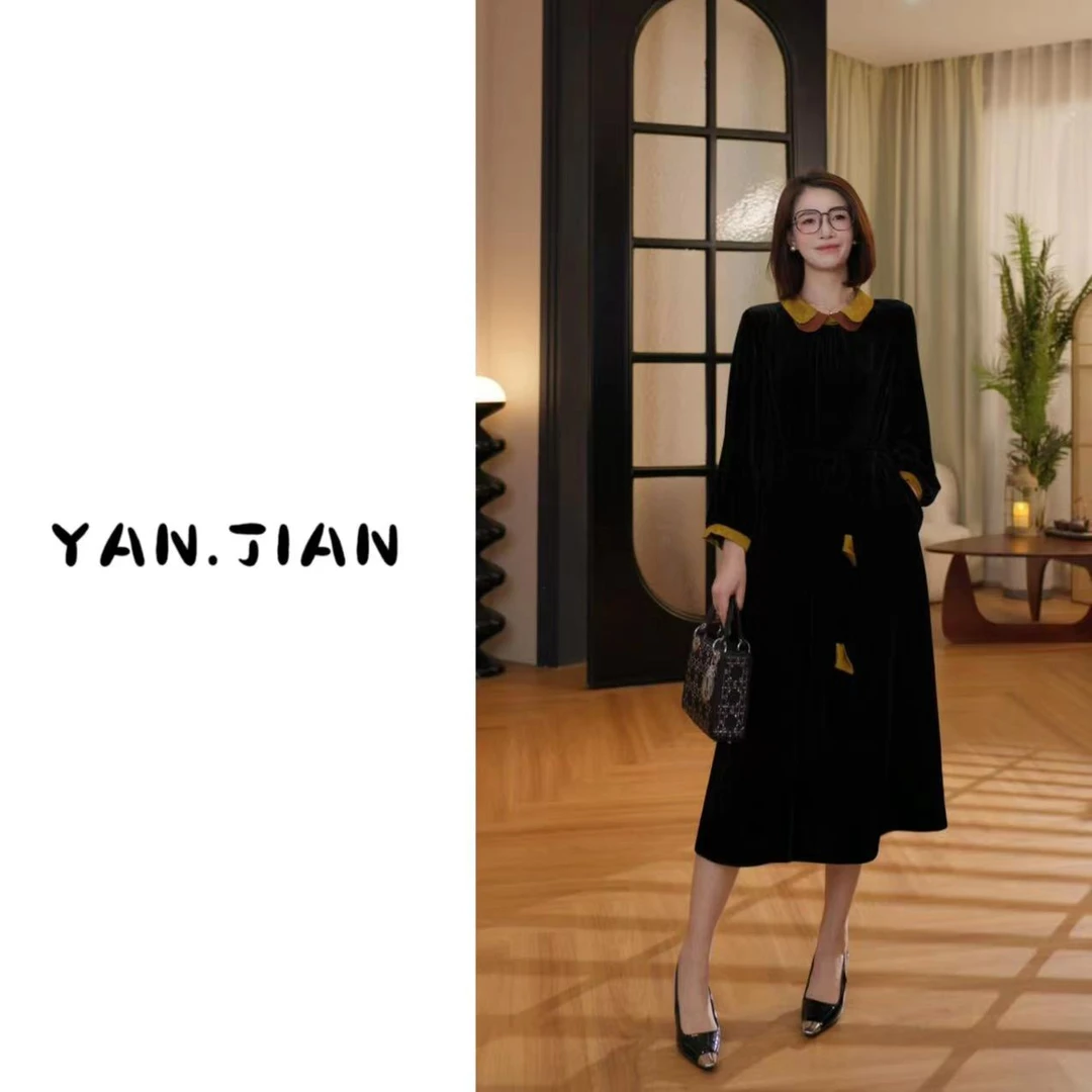 【秋枫之心】香云纱100%真丝丝绒贵气高雅连衣裙