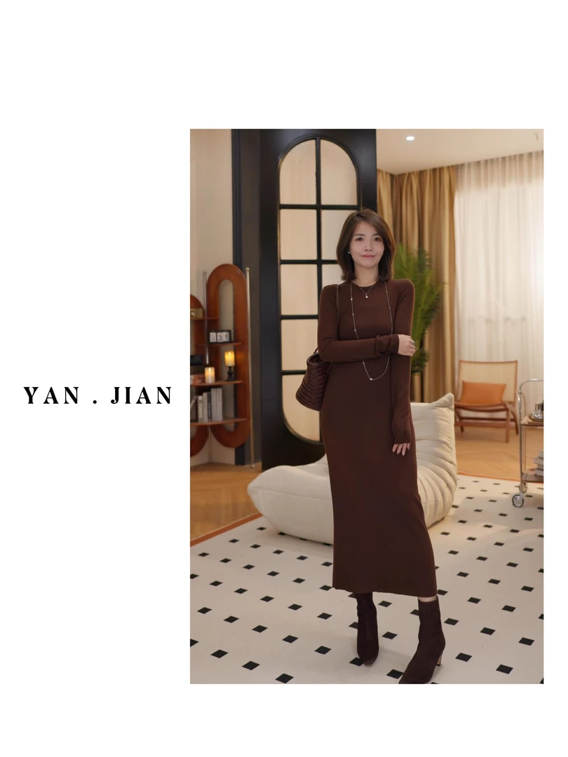 【微透美学】-透锁骨显瘦胶囊丝光连衣裙可可棕