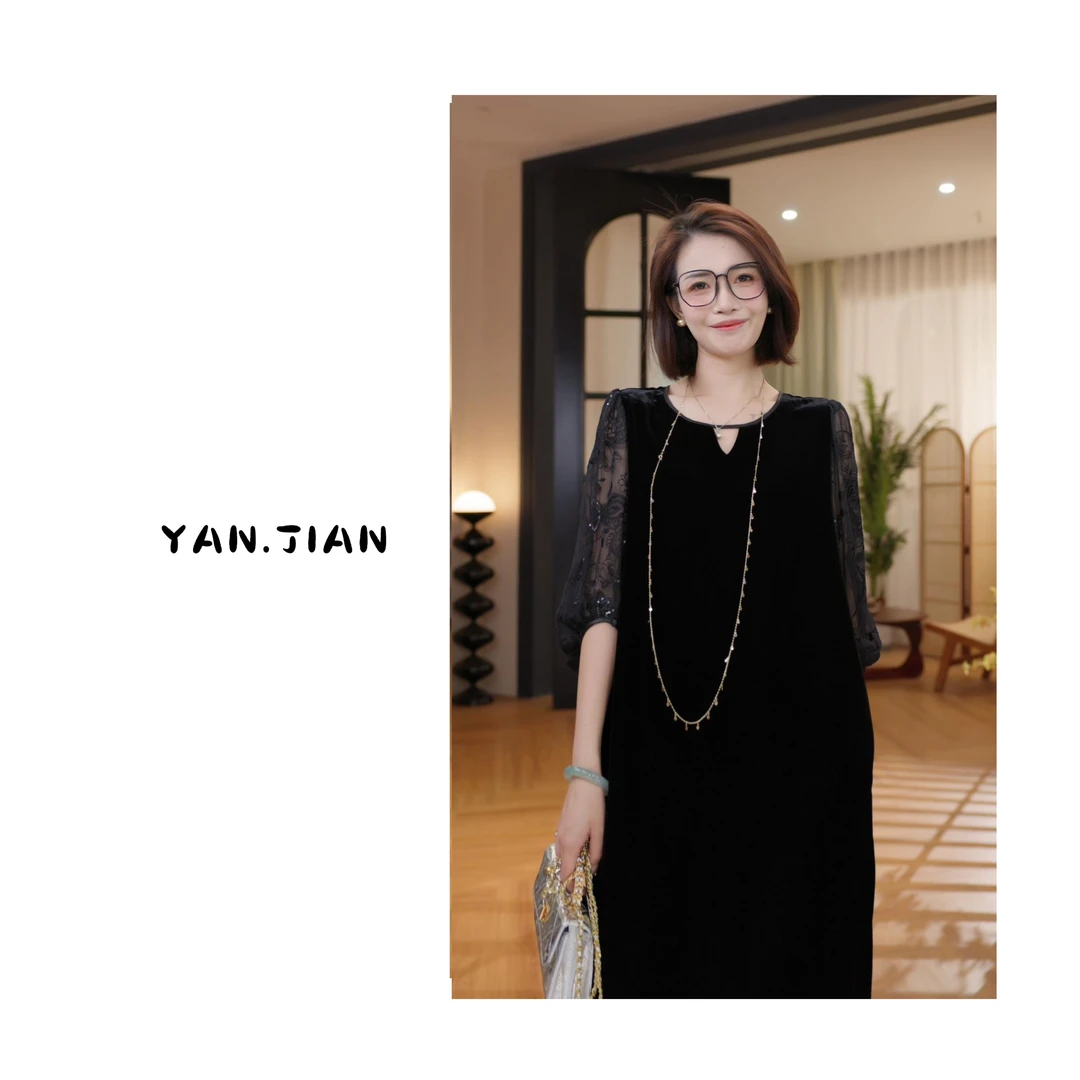 【花丝万缕】100桑蚕丝丝绒手袖花边带钻雍容连衣裙