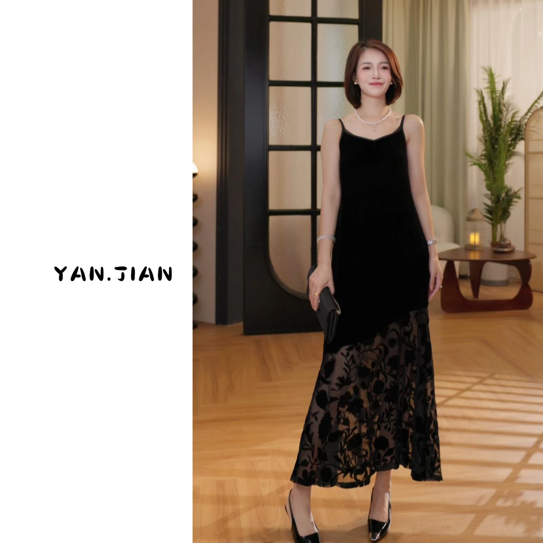 【闪耀风华】100桑蚕丝丝绒下摆不规则拼接欧根纱鱼尾吊带裙