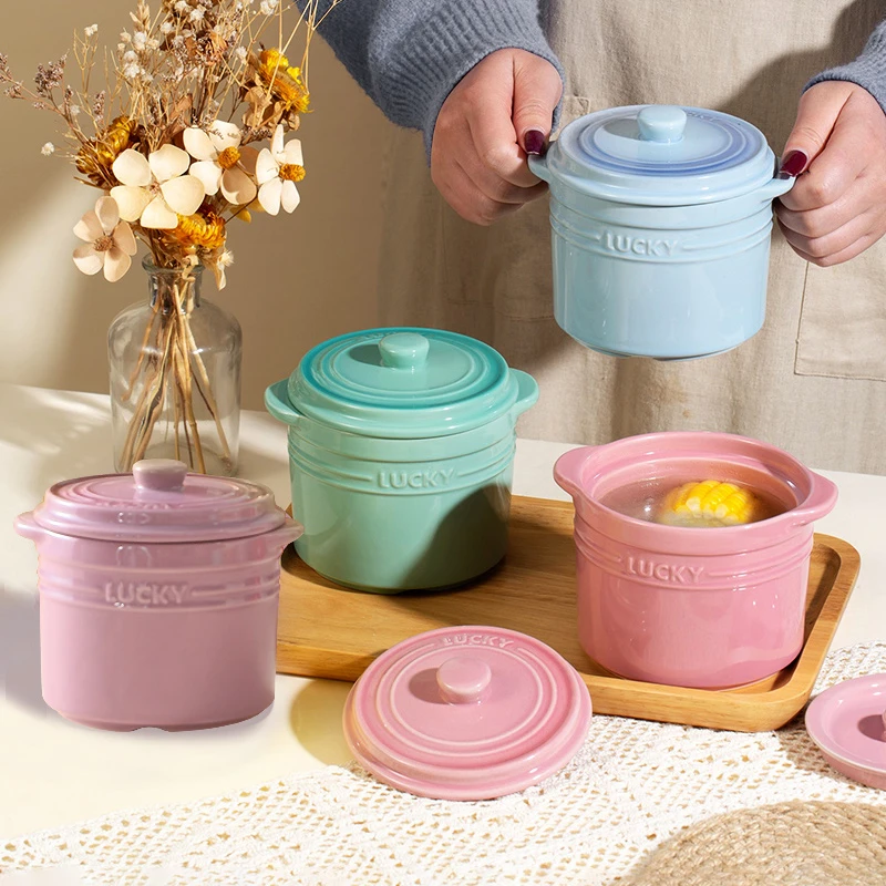 彩虹带盖陶瓷炖蛊炖汤盅瓦罐汤罐蒸盅小炖蛊煲汤隔水炖盅杯一人份