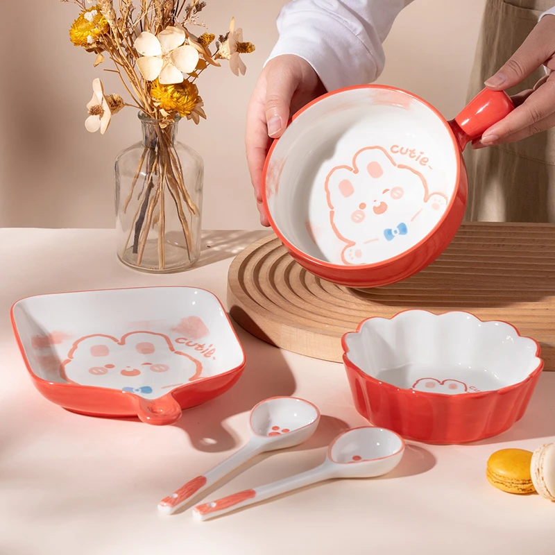 糖糖兔】5件可爱陶瓷碗盘大号手柄碗勺餐具套装家用2025新款网红