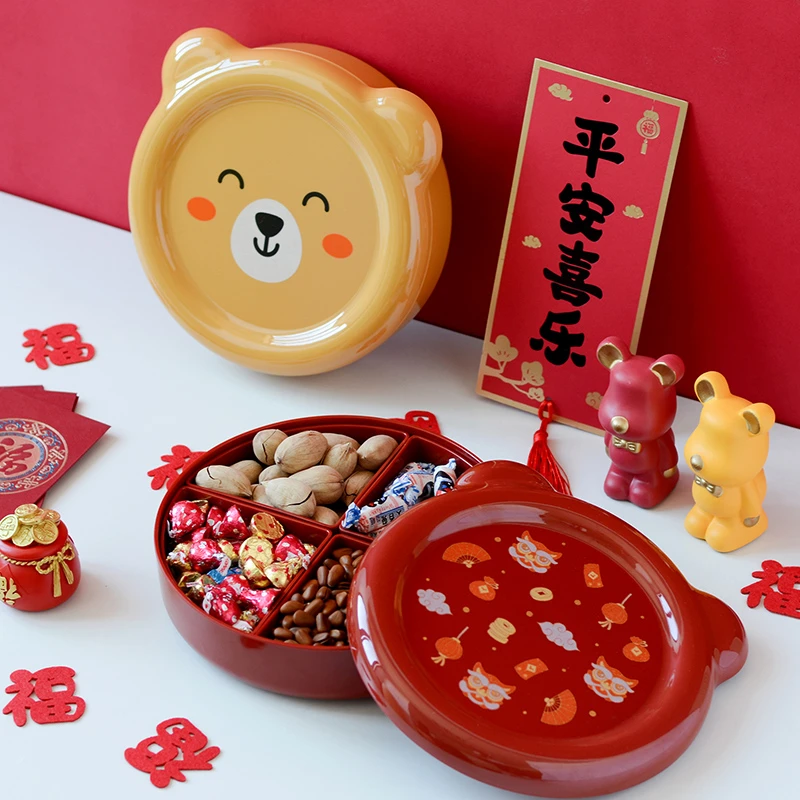 网红小熊密胺家用糖果盒过年客厅收纳盒干果零食盒坚果茶几瓜子盘