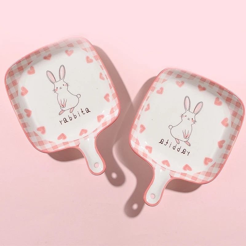 粉格兔可爱卡通陶瓷单柄盘*2个烤盘家用微波炉烤箱专用餐具套装