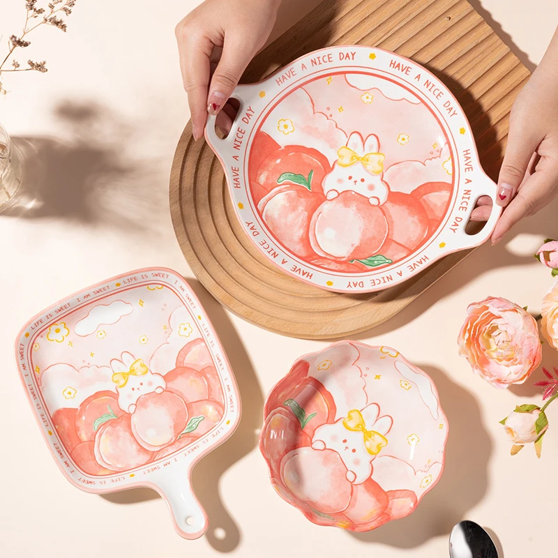 【蜜桃兔】陶瓷3件套（双耳圆盘*1+单柄盘*1+沙拉碗*1）