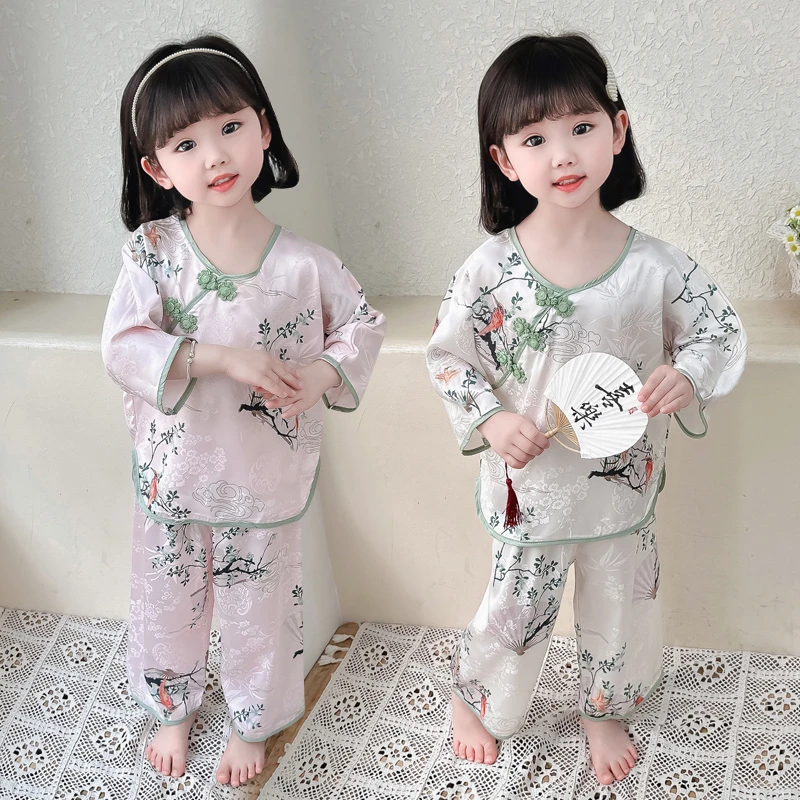 儿童睡衣女童夏季薄款公主中国风家居服女孩宝宝冰丝空调服粉套装