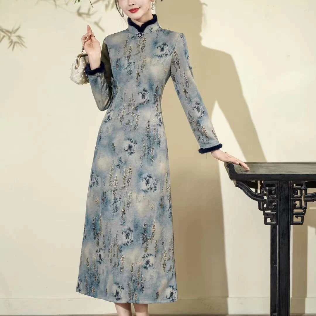 黎歌行 旗袍秋冬季新款女加厚冬天保暖连衣裙妈妈改良新中式高端