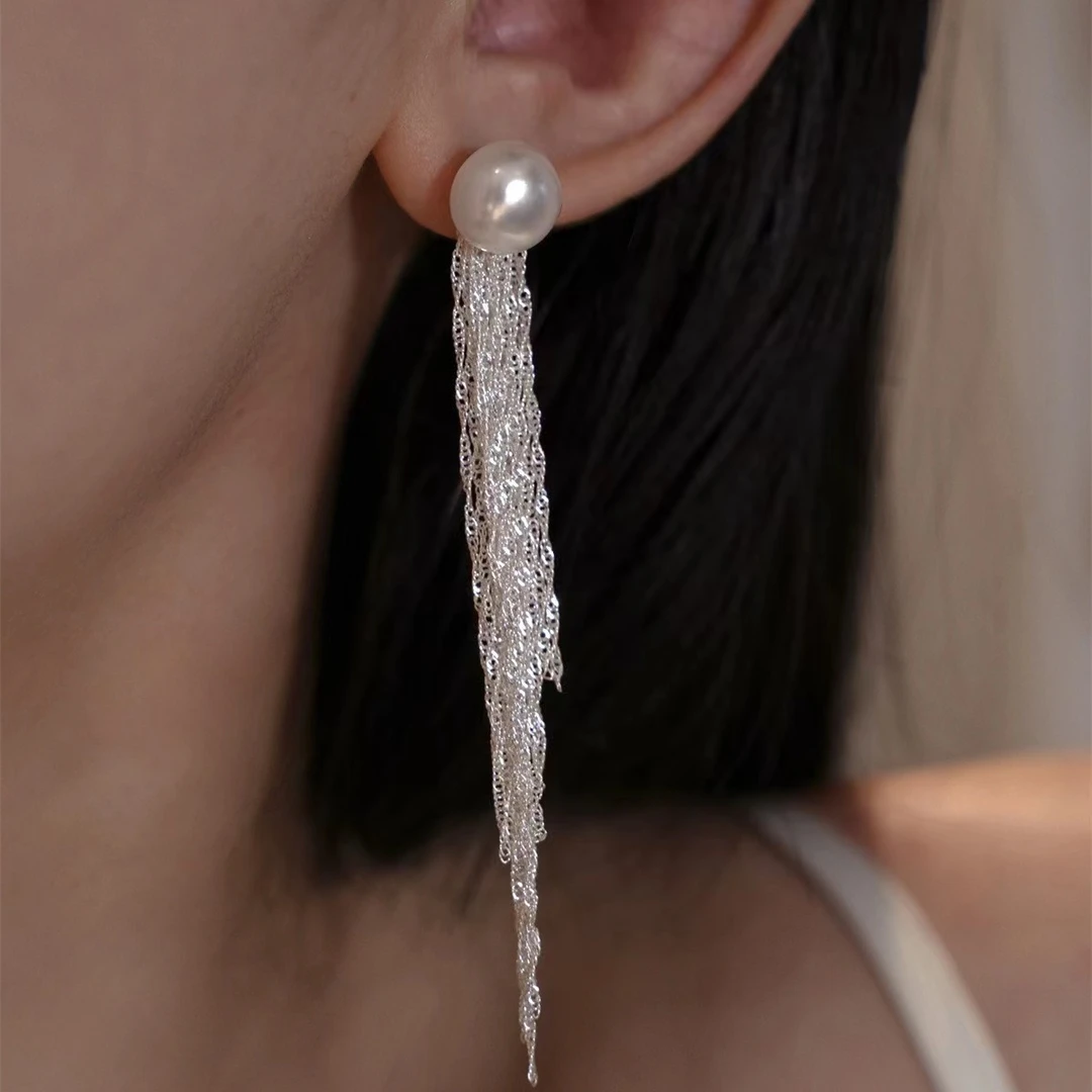 铜合金仿珍珠耳饰 白雪公主宴会奢华流苏精致型百搭时尚气质耳饰i
