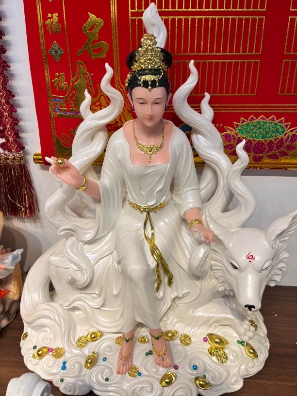 19寸九尾狐女汉白玉工艺品摆件