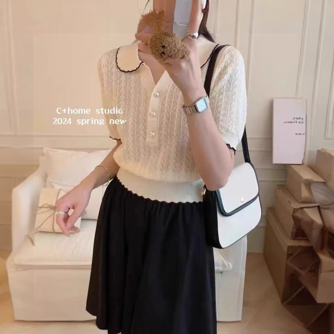 2024年夏装新款娃娃领百搭镂空时尚蕾丝毛衣针织衫