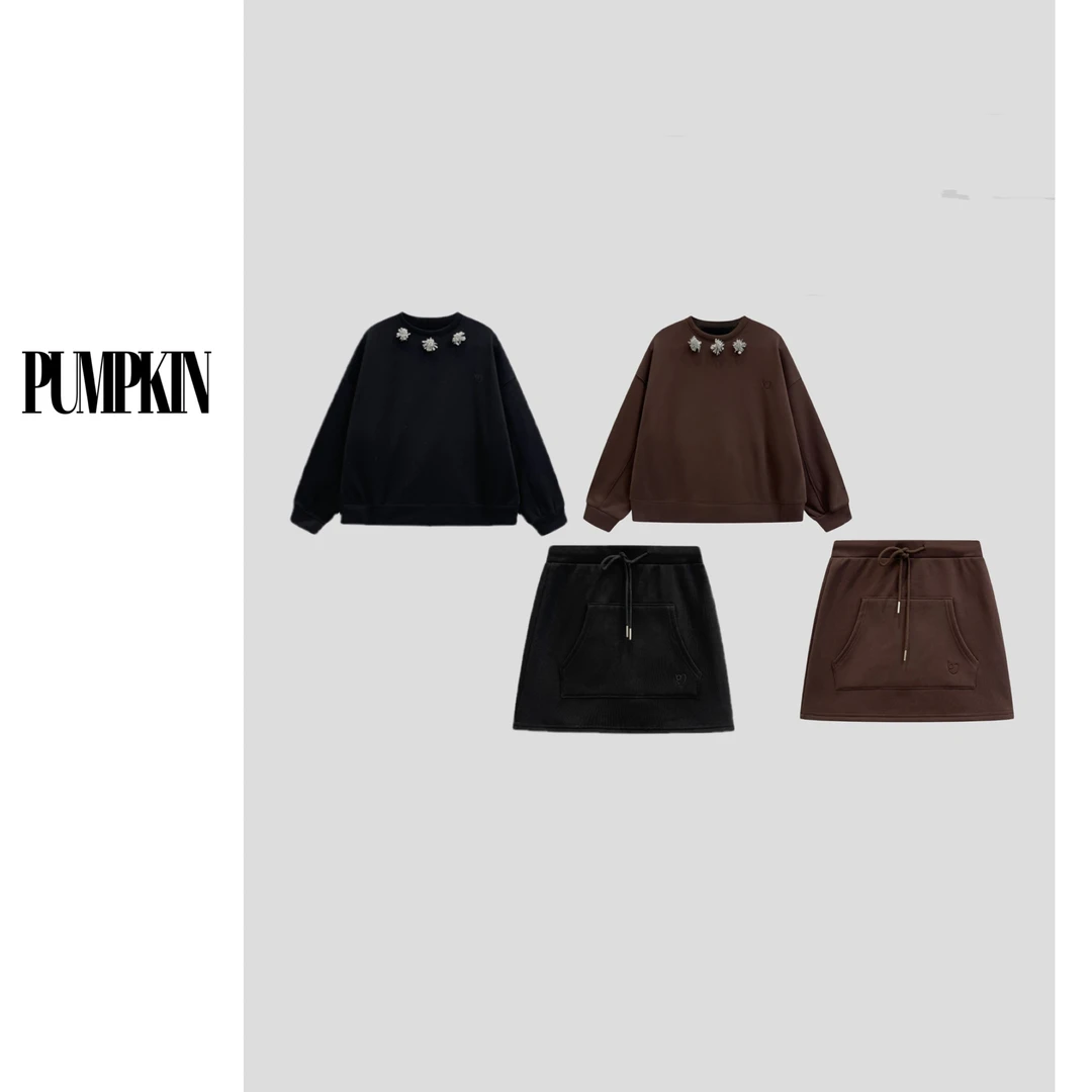 【断码清清No退No换】·高级感别致重工花朵圆领加绒卫衣短裙套装