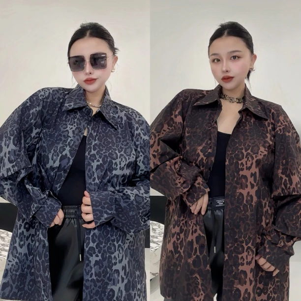 PUMPKIN·大码早秋oversize男友风豹纹印花宽松长袖衬衫(袖子可拆)