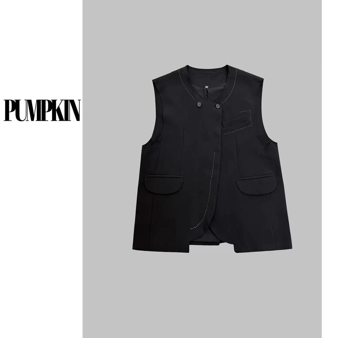 【断码清清No退No换】·大码极简风圆领明线不规则西装马甲