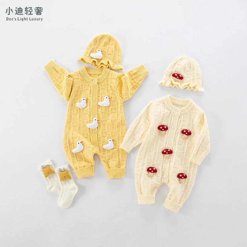 洋气婴幼儿秋装新款女宝宝针织连体衣新生儿洋气可爱毛衣外出套装